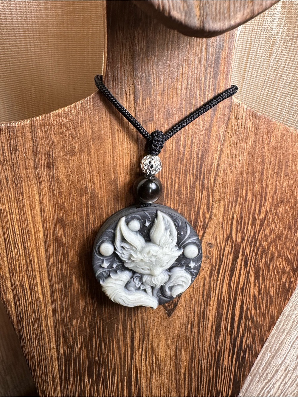Tai Chi Stone Fox Pendant Necklace on Black Rope - Picture 6 of 14